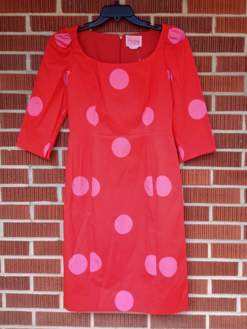Kate Spade Giant Dot Faille Sheath Dress in flame scarlet with bright pink polka